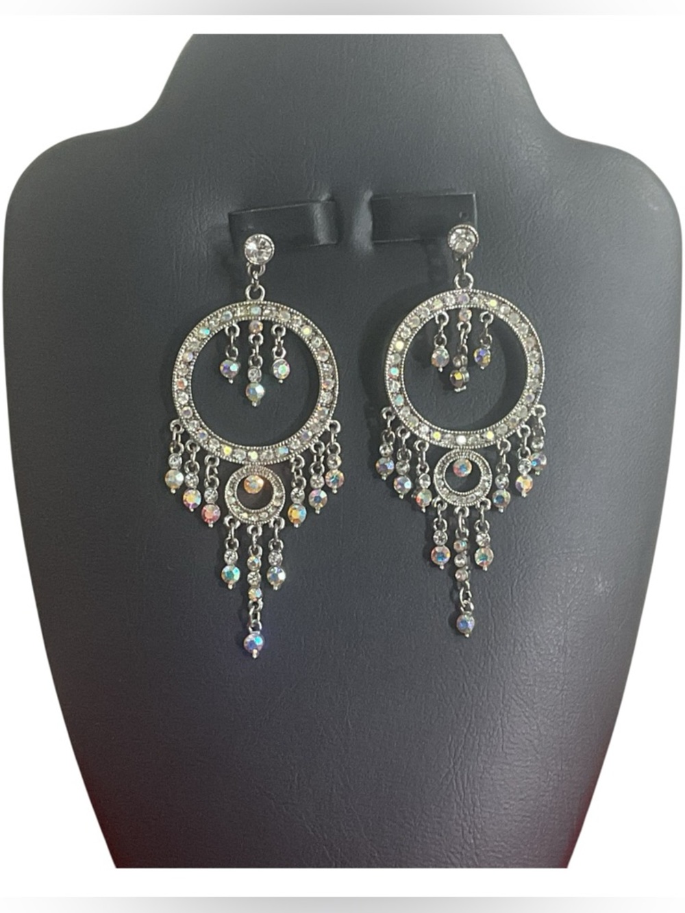 Silver Tone AB Crystal Chandelier Dangle Earrings Statement Fringe Boho Glam Dro
